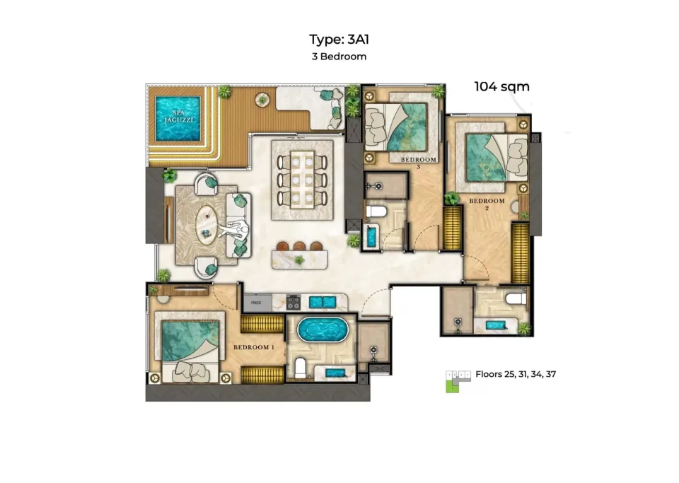 Квартира с 3 спальнями и террасой в The Riviera Palm Beach Wongamat, Паттайя