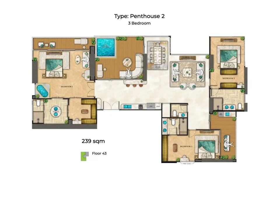 Квартира с 3 спальнями и террасой в The Riviera Palm Beach Wongamat, Паттайя