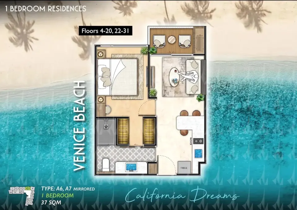 Квартира с 1 спальней в The Riviera Santa Monica, Джомтьен