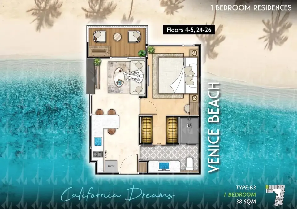 Квартира с 1 спальней в The Riviera Santa Monica, Джомтьен