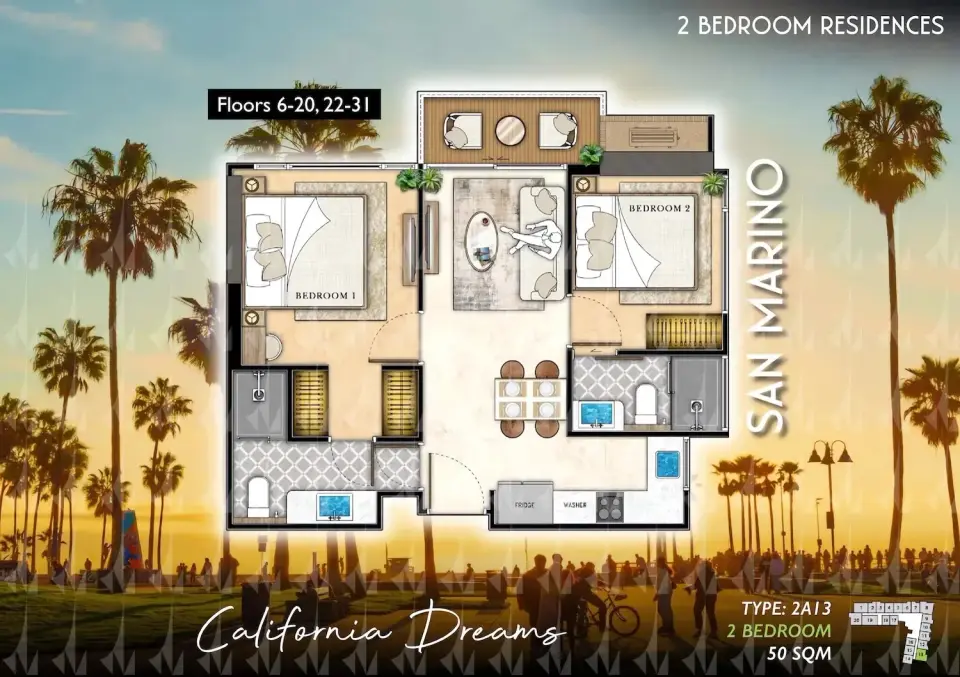 Квартира с 2 спальнями в The Riviera Santa Monica, Джомтьен