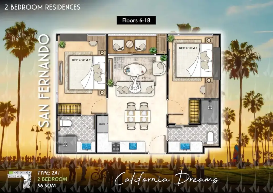 Квартира с 2 спальнями в The Riviera Santa Monica, Джомтьен