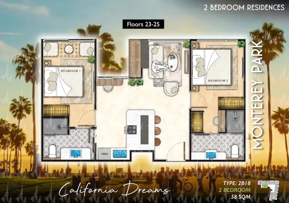 Квартира с 2 спальнями в The Riviera Santa Monica, Джомтьен