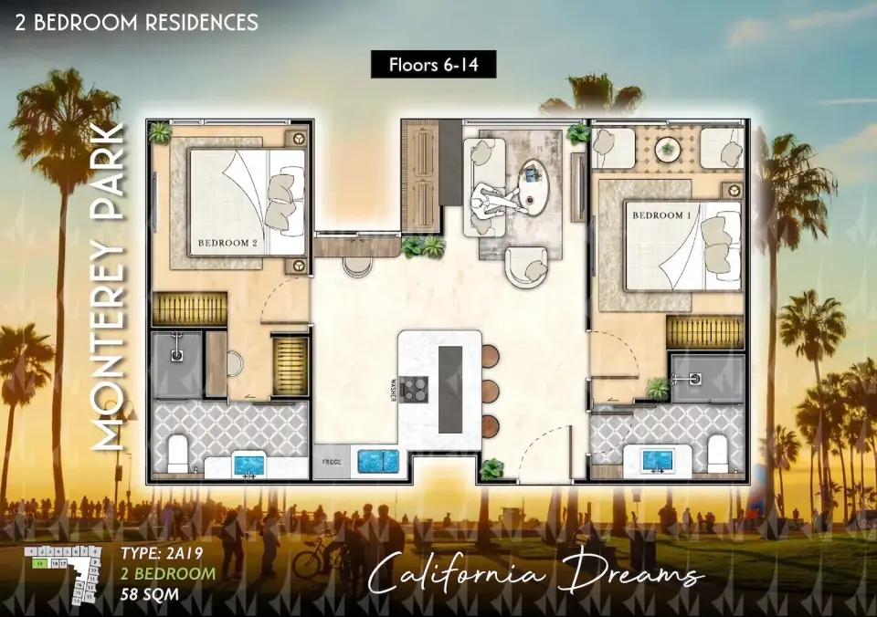Квартира с 2 спальнями в The Riviera Santa Monica, Джомтьен