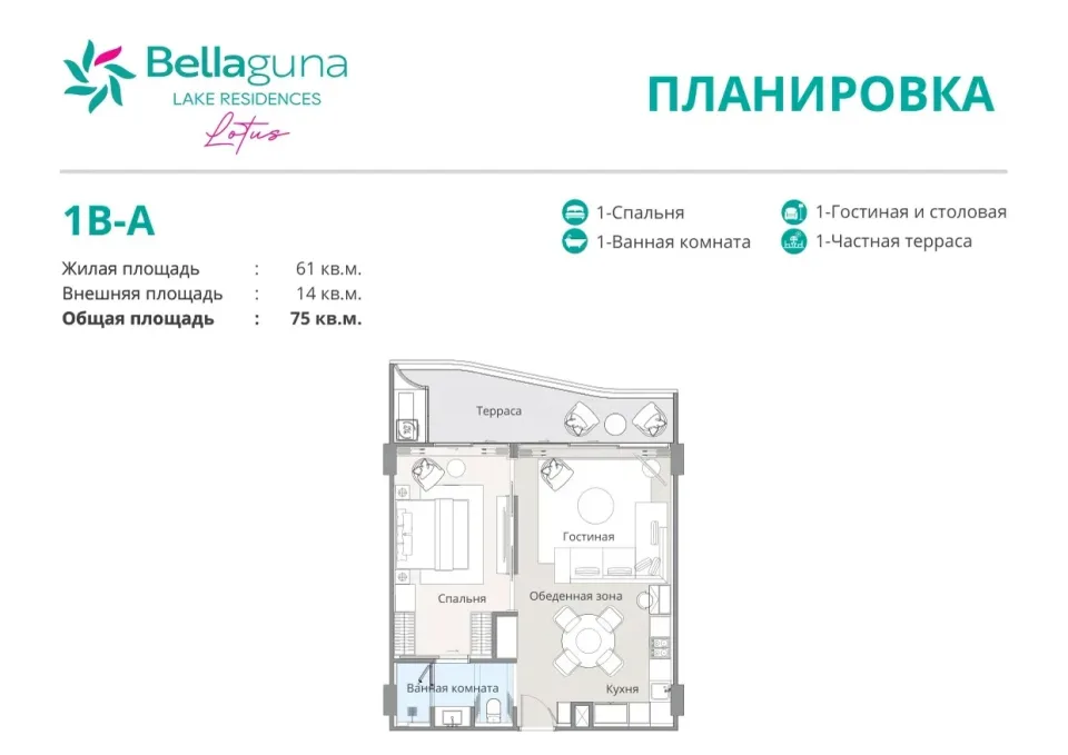 1-Bedroom Condo with Terrace at Bellaguna Lake Residences Lotus in Phuket, Phuket