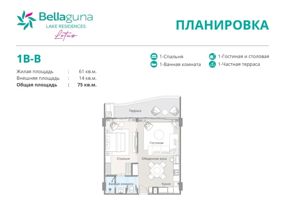 1-Bedroom Condo with Terrace at Bellaguna Lake Residences Lotus in Phuket, Phuket