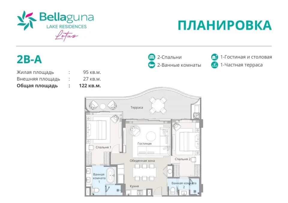 Квартира с 2 спальнями и террасой в Bellaguna Lake Residences Lotus на Пхукете, Пхукет