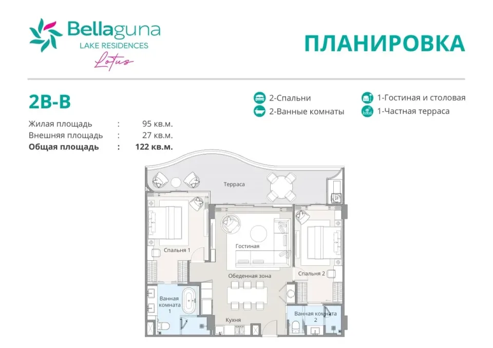 Квартира с 2 спальнями и террасой в Bellaguna Lake Residences Lotus на Пхукете, Пхукет