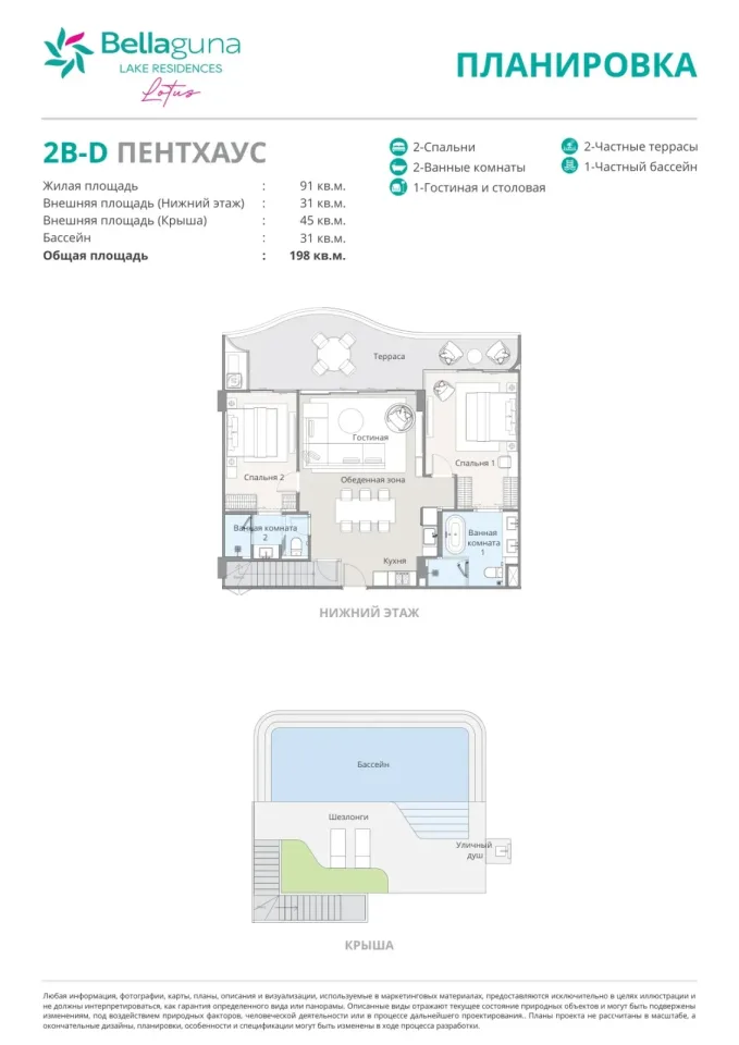 Квартира с 2 спальнями и террасой в Bellaguna Lake Residences Lotus на Пхукете, Пхукет