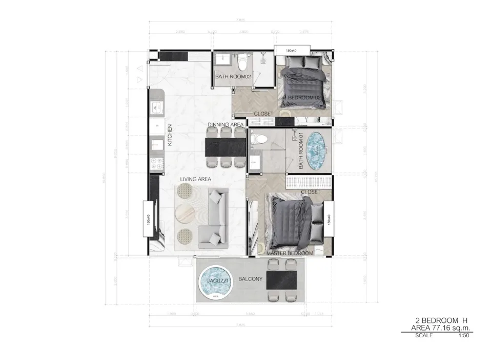 2-Bedroom Condo with Sea View at Sea Spire Jomtien Beachfront Condos in Pattaya, Pattaya