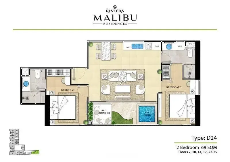 Квартира с 2 спальнями в The Riviera Malibu, Паттайя