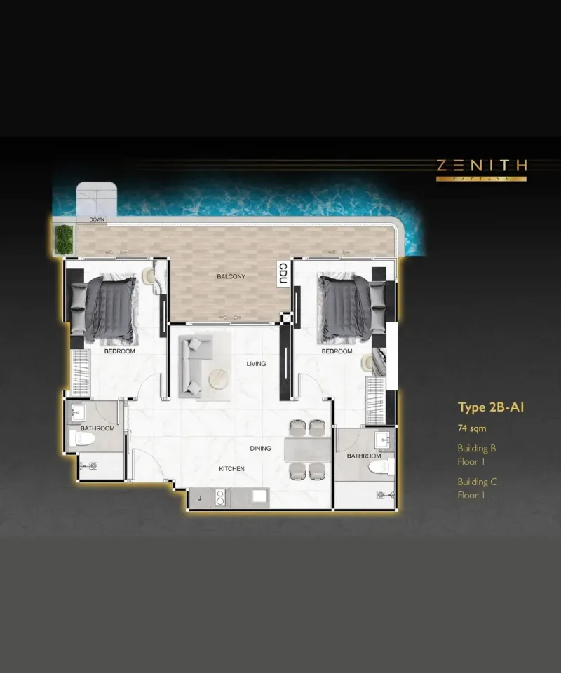 Квартира с 2 спальнями и видом на бассейн в Zenith Pattaya, Паттайя
