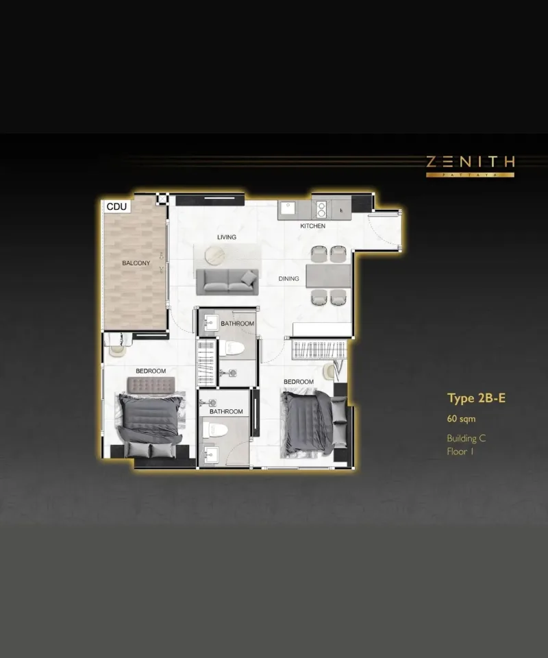 Квартира с 2 спальнями и видом на бассейн в Zenith Pattaya, Паттайя