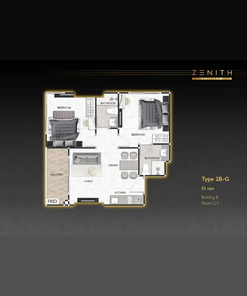Квартира с 2 спальнями и видом на бассейн в Zenith Pattaya, Паттайя