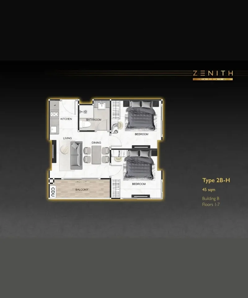Квартира с 2 спальнями и видом на бассейн в Zenith Pattaya, Паттайя