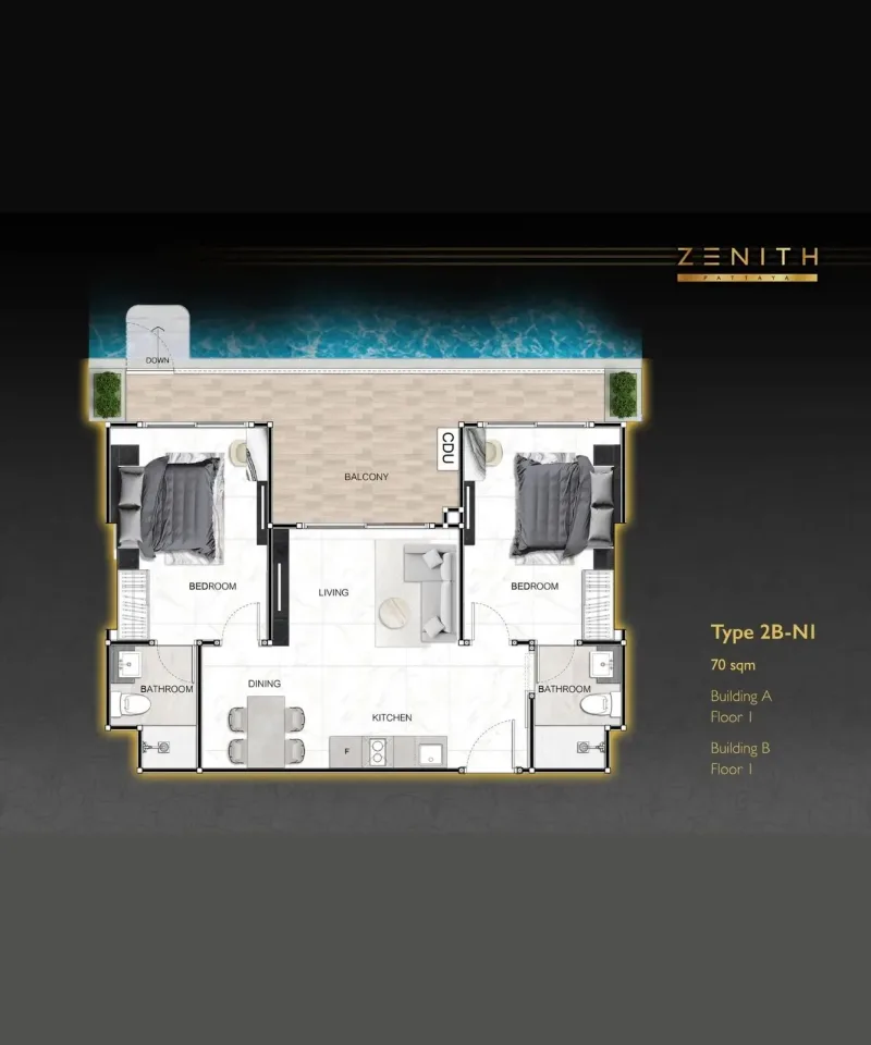 Квартира с 2 спальнями и видом на бассейн в Zenith Pattaya, Паттайя