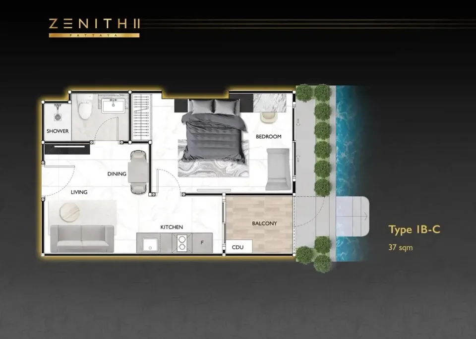 Квартира с 1 спальней и видом на бассейн в Zenith 2 Pattaya, Паттайя