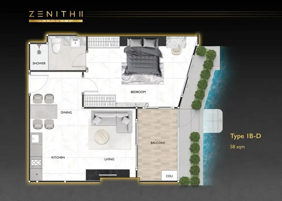 Квартира с 1 спальней и видом на бассейн в Zenith 2 Pattaya, Паттайя