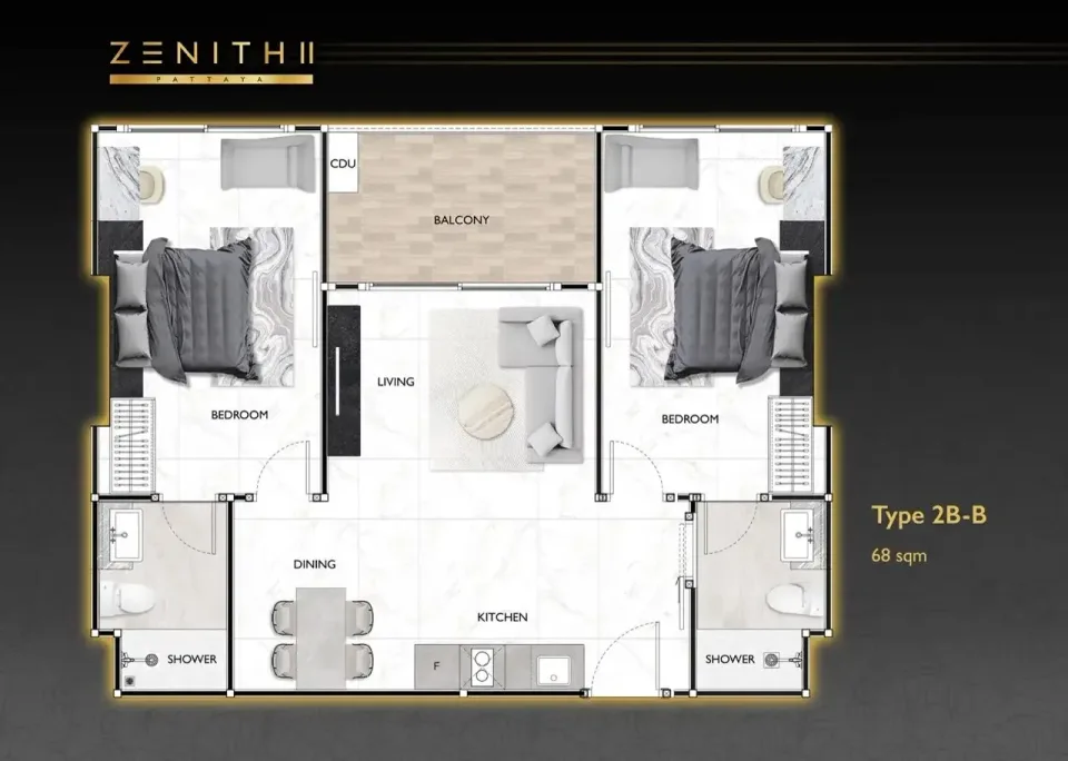 Квартира с 2 спальнями и видом на бассейн в Zenith 2 Pattaya, Паттайя