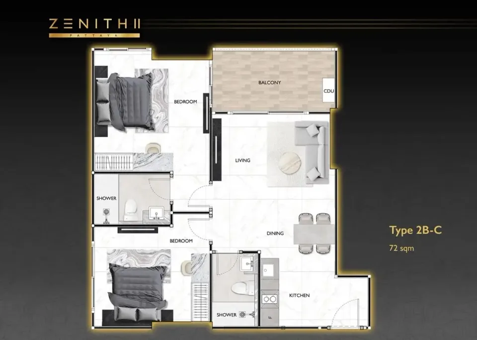 Квартира с 2 спальнями и видом на бассейн в Zenith 2 Pattaya, Паттайя