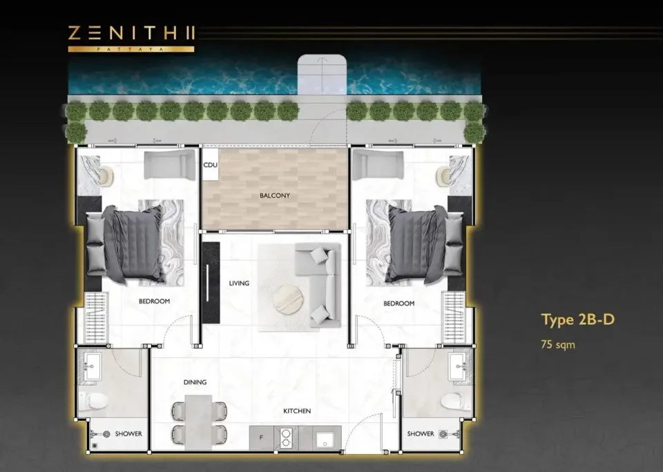 Квартира с 2 спальнями и видом на бассейн в Zenith 2 Pattaya, Паттайя