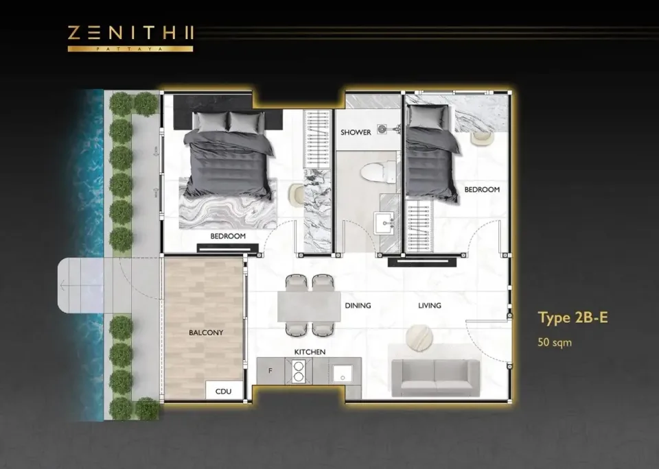 Квартира с 2 спальнями и видом на бассейн в Zenith 2 Pattaya, Паттайя