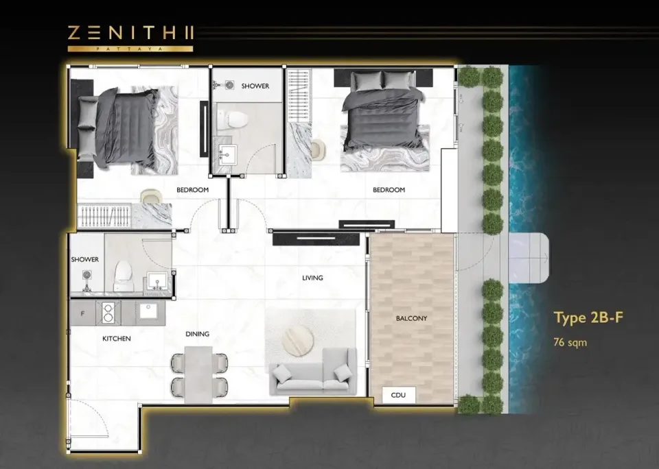 Квартира с 2 спальнями и видом на бассейн в Zenith 2 Pattaya, Паттайя