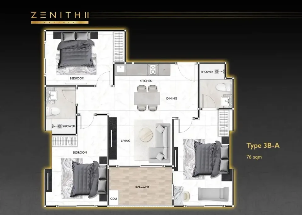 Квартира с 3 спальнями и видом на бассейн в Zenith 2 Pattaya, Паттайя