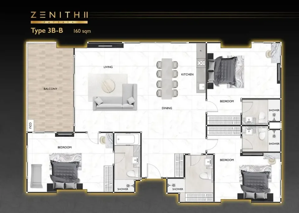 Квартира с 3 спальнями и видом на бассейн в Zenith 2 Pattaya, Паттайя