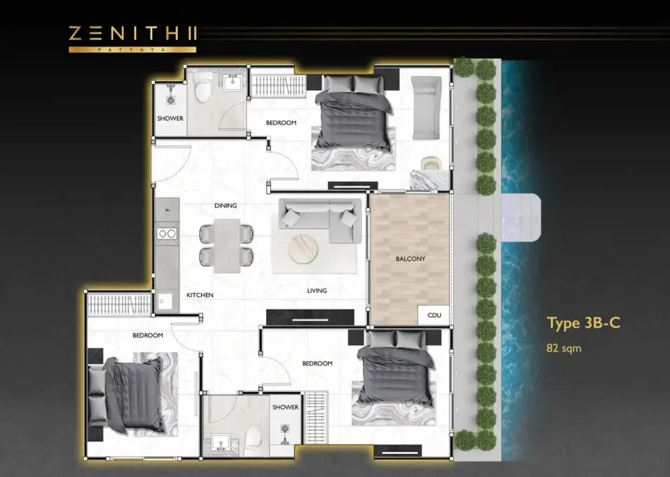 Квартира с 3 спальнями и видом на бассейн в Zenith 2 Pattaya, Паттайя