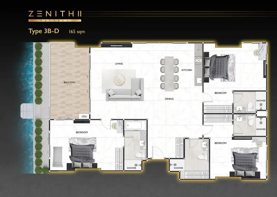 Квартира с 3 спальнями и видом на бассейн в Zenith 2 Pattaya, Паттайя